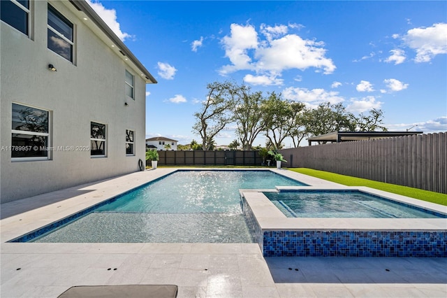view of swimming pool with a fenced backyard, a patio area, a fenced in pool, and an in ground hot tub