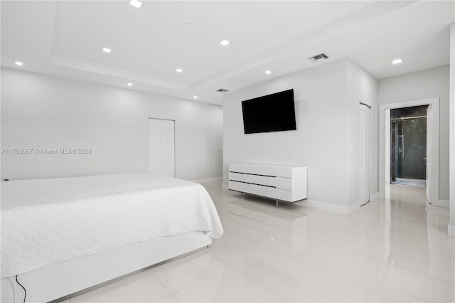 bedroom featuring marble finish floor, baseboards, visible vents, and recessed lighting