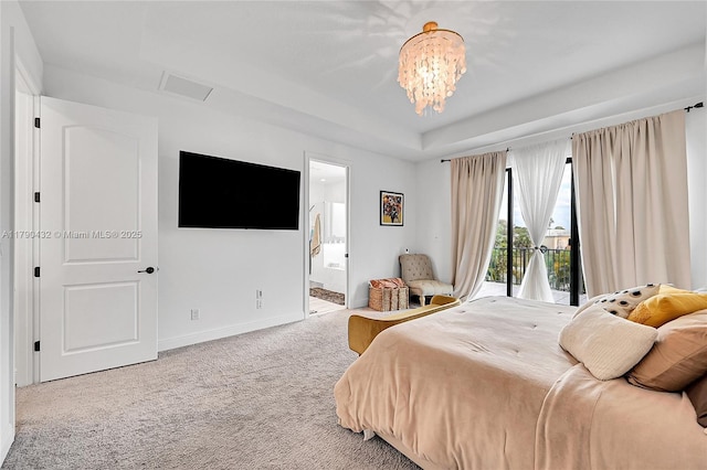 8650 NW 39th Ct, Coral Springs, FL 33065 - bedroom with access to exterior, baseboards, an inviting chandelier, ensuite bathroom, and carpet