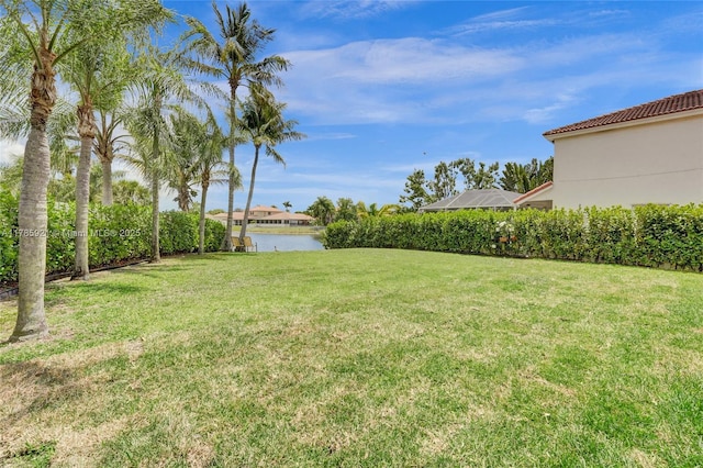 view of yard with a water view