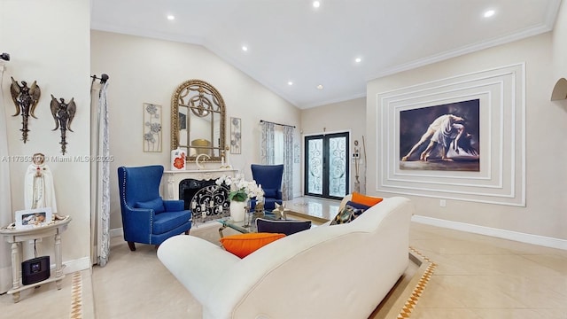 982 NW 133rd Ct, Miami, FL 33182 - living area with light tile patterned floors, recessed lighting, vaulted ceiling, ornamental molding, and inlaid floor details