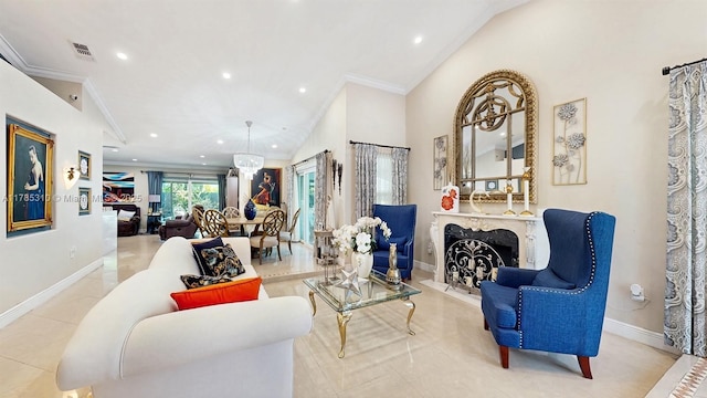 982 NW 133rd Ct, Miami, FL 33182 - tiled living area with a fireplace, recessed lighting, crown molding, and vaulted ceiling