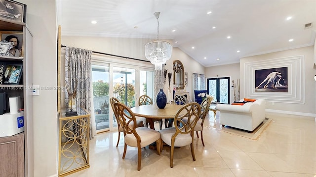 982 NW 133rd Ct, Miami, FL 33182 - dining area featuring healthy amount of natural light, vaulted ceiling, a chandelier, light tile patterned flooring, and ornamental molding