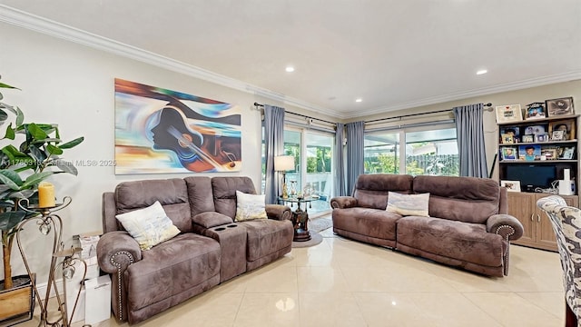 982 NW 133rd Ct, Miami, FL 33182 - living room with ornamental molding, light tile patterned flooring, and recessed lighting