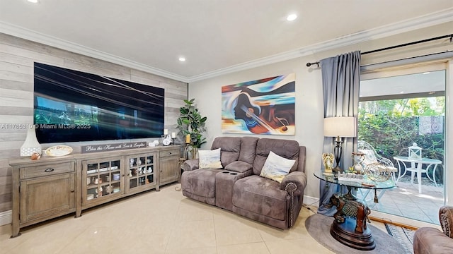982 NW 133rd Ct, Miami, FL 33182 - living area with ornamental molding, light tile patterned flooring, recessed lighting, and wood walls