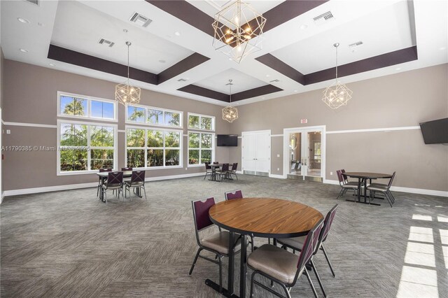 4001 Hillcrest Dr Unit 601, Hollywood, FL 33021 - dining space with a chandelier, carpet, a high ceiling, coffered ceiling, and recessed lighting
