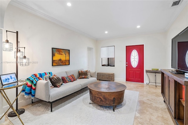 living area featuring baseboards, ornamental molding, visible vents, and recessed lighting