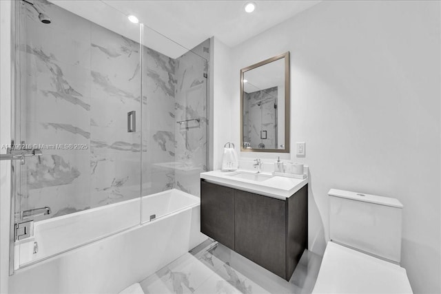 bathroom with shower / bath combination with glass door, recessed lighting, marble finish floor, toilet, and vanity