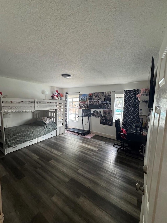bedroom with baseboards, wood finished floors, a textured ceiling, and multiple windows