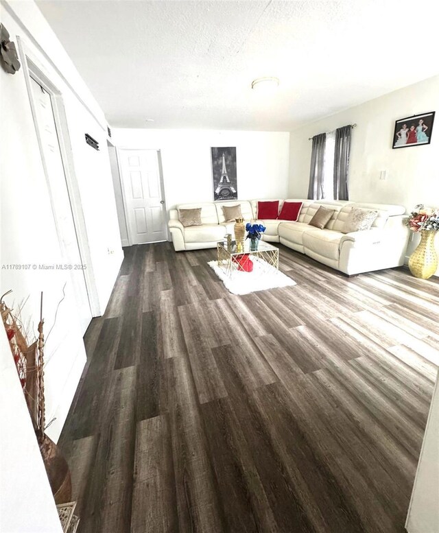 living room featuring dark wood-type flooring and a textured ceiling