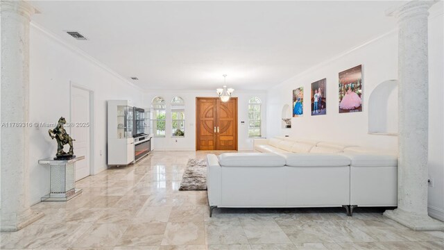 105 S Royal Poinciana Blvd, Miami Springs, FL 33166 - living room featuring visible vents, ornamental molding, decorative columns, and marble finish floor
