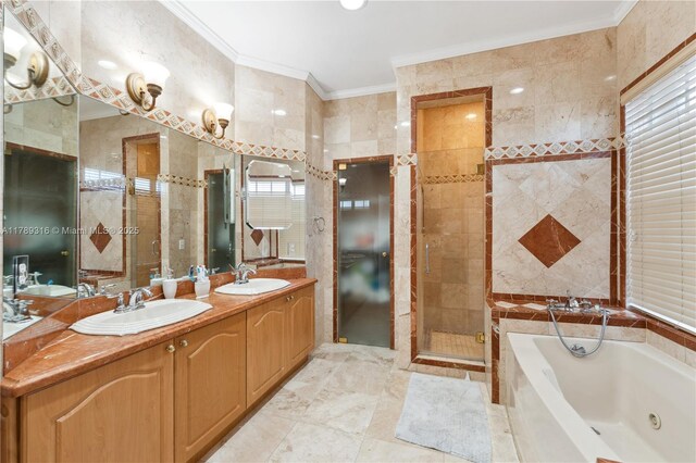 105 S Royal Poinciana Blvd, Miami Springs, FL 33166 - bathroom featuring crown molding, a whirlpool tub, a sink, and tile walls
