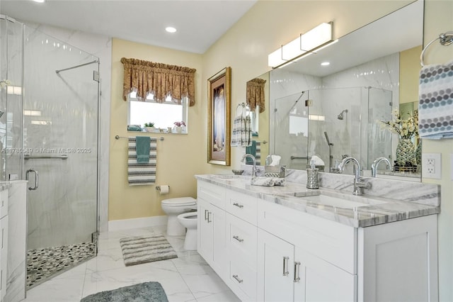 1543 NW 182nd Way, Pembroke Pines, FL 33029 - bathroom featuring a bidet, double vanity, a marble finish shower, marble finish flooring, and recessed lighting