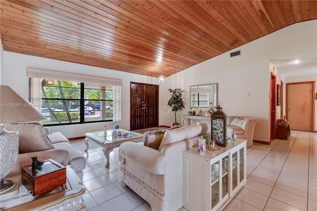 living room featuring visible vents, light tile patterned floors, wood ceiling, and vaulted ceiling