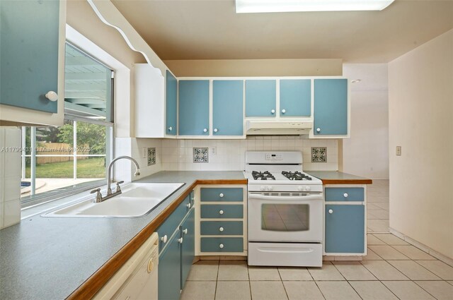 14515 Mahogany Ct, Miami Lakes, FL 33014 - kitchen featuring decorative backsplash, blue cabinetry, a sink, under cabinet range hood, and white appliances