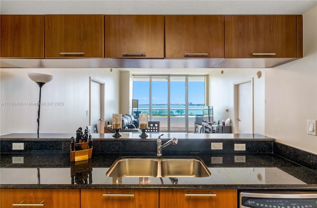 1800 N Bayshore Dr Unit 509, Miami, FL 33132 - kitchen featuring dark stone countertops, brown cabinets, and dishwasher