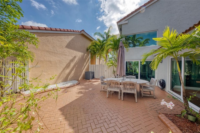 view of patio / terrace featuring central AC, fence, and outdoor dining space