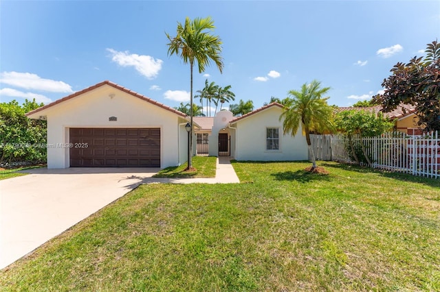 single story home with fence, a front lawn, stucco siding, and an attached garage
