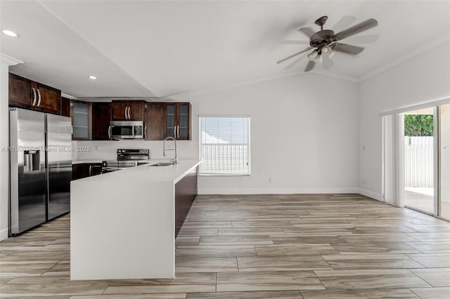 kitchen with appliances with stainless steel finishes, vaulted ceiling, ceiling fan, a sink, and crown molding