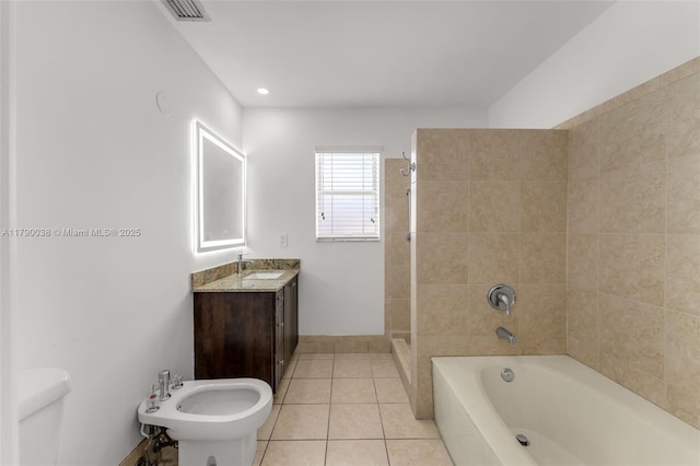full bath with walk in shower, a washtub, tile patterned floors, toilet, and vanity