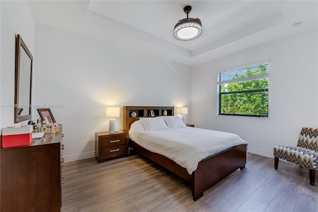 21364 NE 2nd Ct, Miami, FL 33179 - bedroom with baseboards, light wood-type flooring, and a tray ceiling