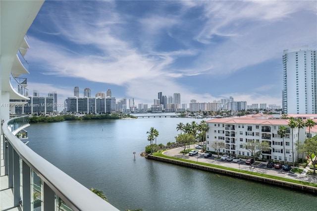 view of water feature with a city view