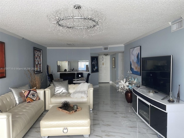 living area featuring ornamental molding, marble finish floor, visible vents, and a textured ceiling