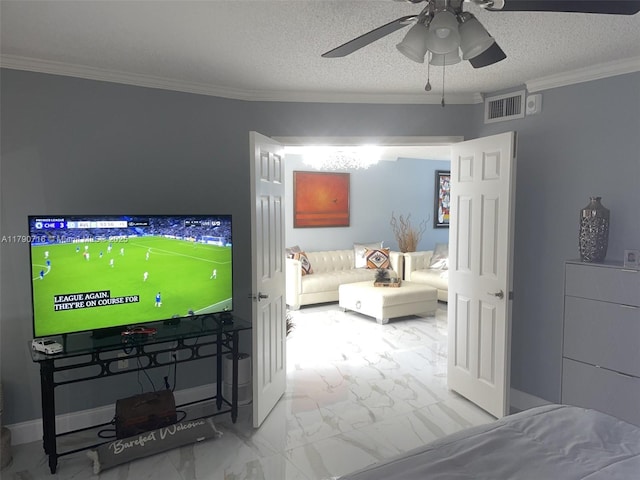 bedroom featuring crown molding, marble finish floor, visible vents, and ceiling fan