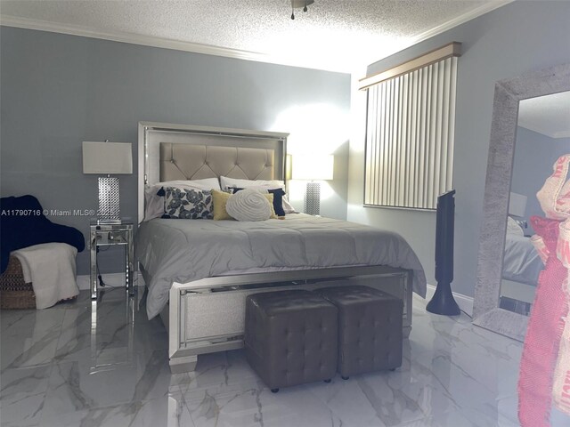 bedroom with a textured ceiling, crown molding, and marble finish floor