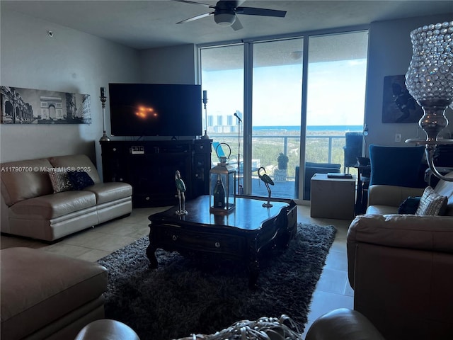 15051 Royal Oaks Ln Unit 2301, North Miami, FL 33181 - living room with expansive windows, tile patterned floors, and ceiling fan