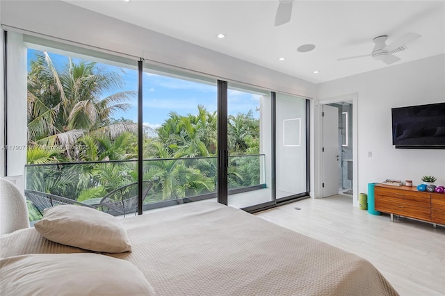 1311 Bay Dr, Miami Beach, FL 33141 - bedroom featuring recessed lighting, access to exterior, ceiling fan, and wood finished floors