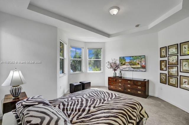 bedroom with a raised ceiling, baseboards, and carpet floors