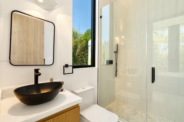 bathroom with vanity, toilet, and a stall shower
