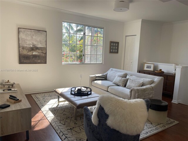 living area with baseboards, ornamental molding, and dark wood-type flooring