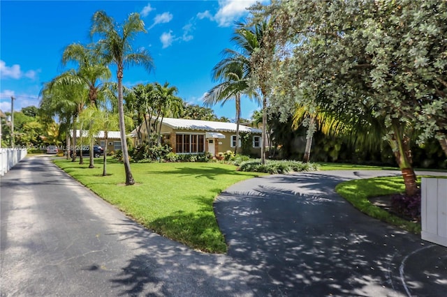 view of front of property with a front yard and curved driveway