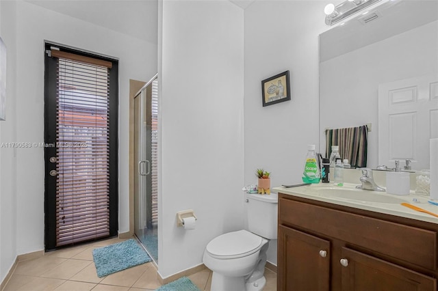 bathroom featuring tile patterned floors, a shower stall, vanity, baseboards, and visible vents