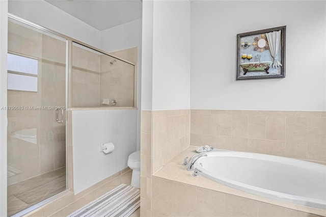 bathroom with tile patterned floors, a shower stall, toilet, and a bath