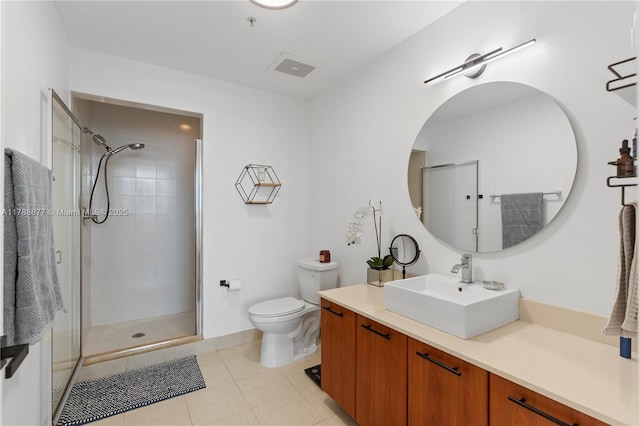 full bathroom with tile patterned floors, toilet, vanity, visible vents, and a stall shower