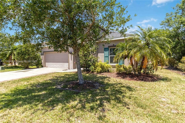 10860 79th St, E, FL 34219 - view of property hidden behind natural elements featuring a front yard, driveway, a garage, and stucco siding