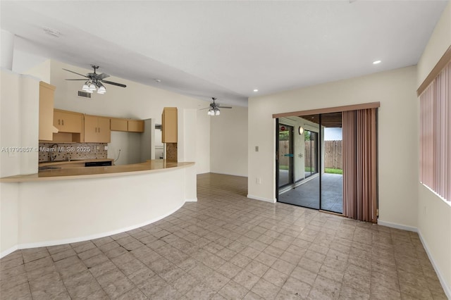 9130 SW 101st Ave, Miami, FL 33176 - kitchen featuring visible vents, tasteful backsplash, a ceiling fan, and a sink
