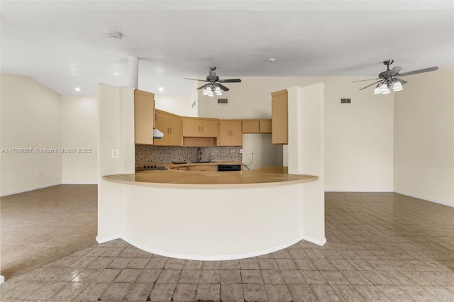 9130 SW 101st Ave, Miami, FL 33176 - kitchen with a sink, fridge, light brown cabinets, ceiling fan, and backsplash