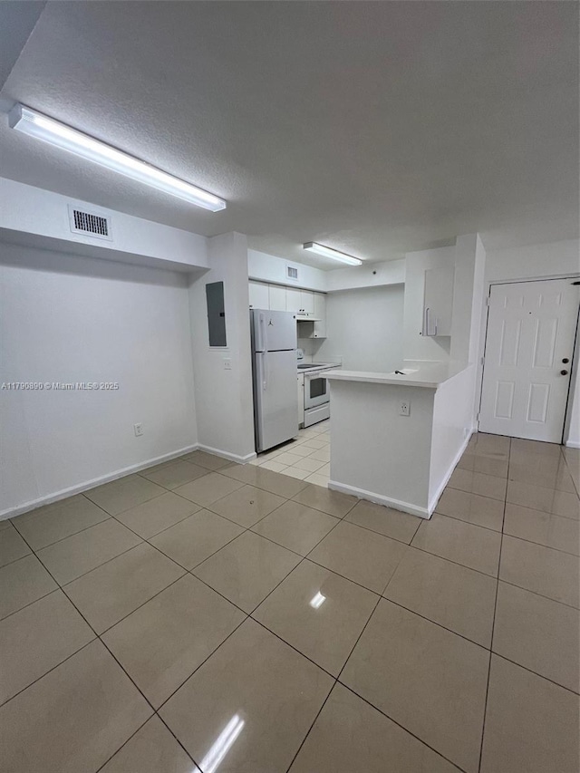15422 SW 284th St Unit 7104, Homestead, FL 33033 - kitchen featuring white appliances, white cabinets, a peninsula, light tile patterned flooring, and a textured ceiling
