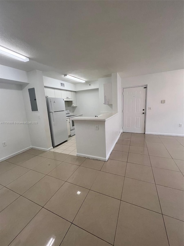 15422 SW 284th St Unit 7104, Homestead, FL 33033 - kitchen with white appliances, a peninsula, light tile patterned flooring, and white cabinetry