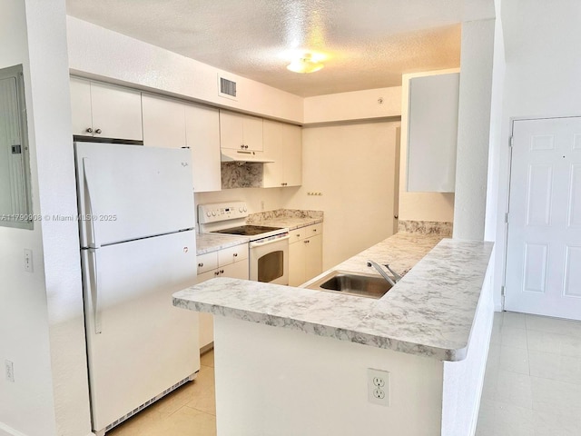 kitchen with a sink, visible vents, under cabinet range hood, white appliances, and a peninsula