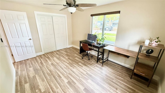 home office featuring wood finished floors, ceiling fan, and baseboards