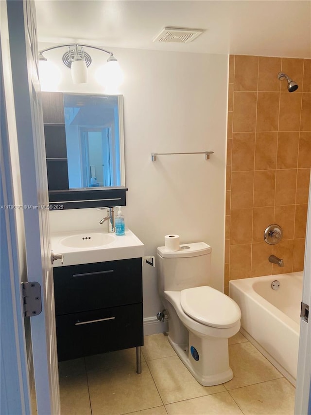 full bathroom featuring tile patterned floors, toilet, visible vents, and vanity