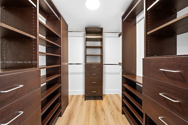 walk in closet with light wood-style floors