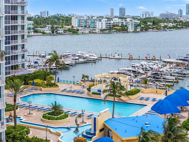 view of pool with a view of city and a water view