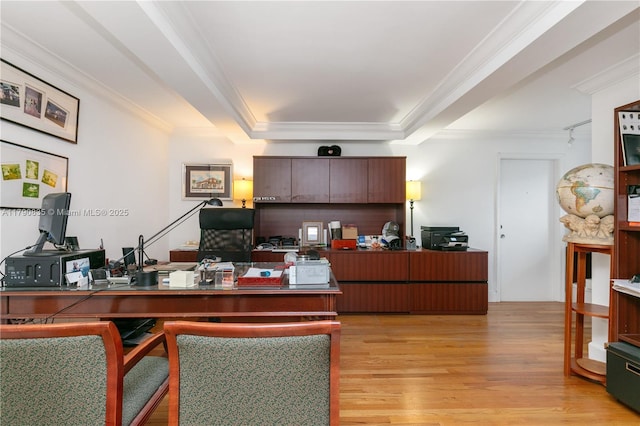 office with crown molding, light wood finished floors, and a tray ceiling