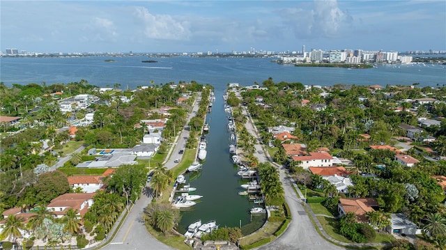 aerial view featuring a water view and a residential view